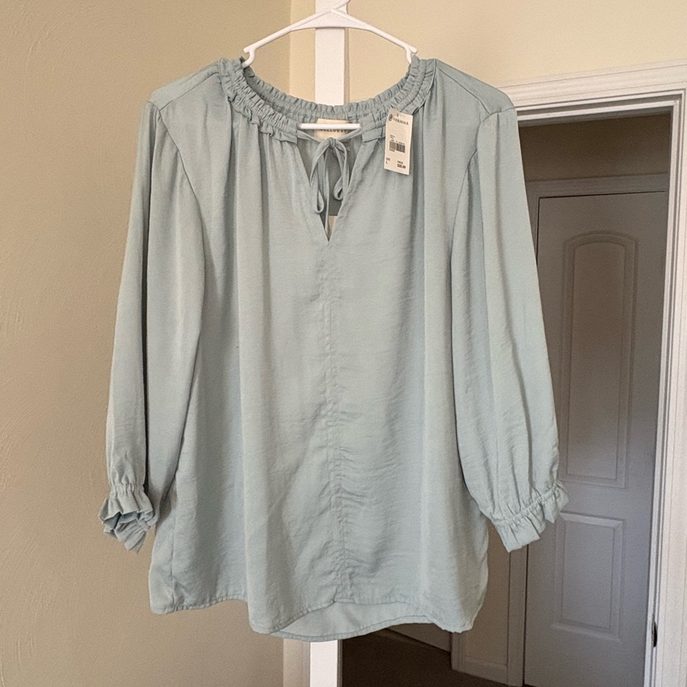 Versona Soft Blue Blouse with Ruffled Neckline